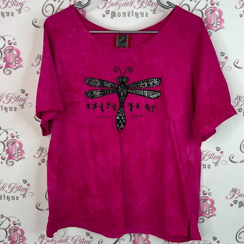 Dagoli tshirt shiny shimmer tie dye Fuchsia Dragonfly Short Sleeve Tee